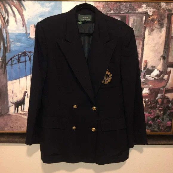 Lauren Ralph Lauren Double-Breasted Navy Blazer With Lauren Crest - Picture 1 of 11
